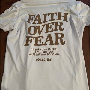 SHEIN White 'Faith Over Fear' Tee with Brown Lettering
